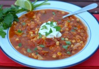 Spicy bacon, leek and corn soup