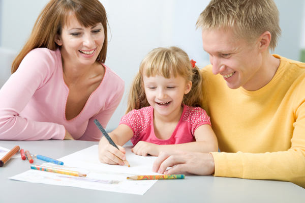 write letter. Happy family writing letter