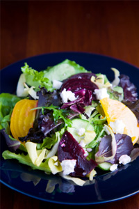 Roasted beet, pear, and feta salad