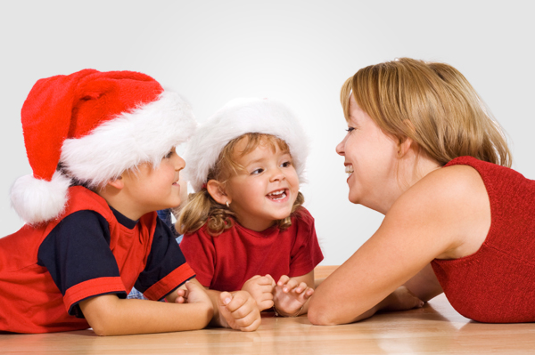 Mom talking to kids at Christmas