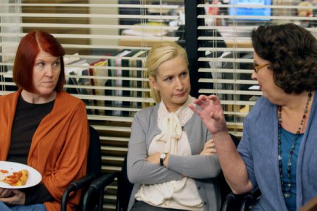 Angela Kinsey and the party planning committee on The Office