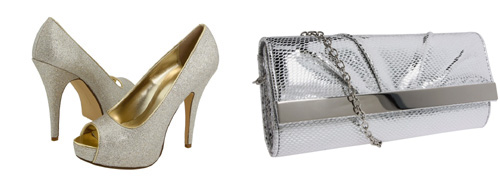 Silver heels and silver clutch