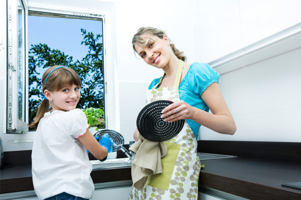 Mom and daughter washing dishes