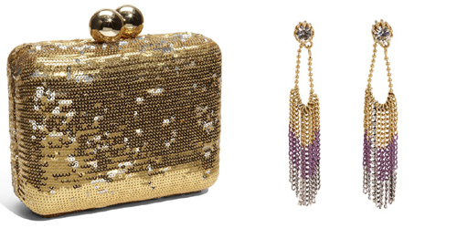 Gold box clutch and gold earrings