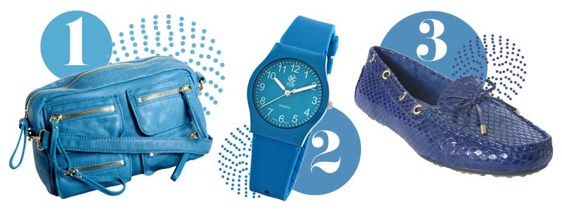 Blue accessories for spring: Blue handbag, blue watch, blue flats