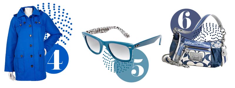 Blue accessories for spring: blue jacket, blue sunglasses, blue handbag