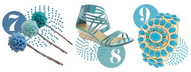 Blue accessories for spring: Blue hair accessories, blue sandals, blue bracelet
