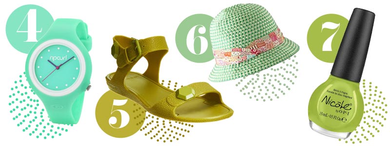 Green accessories: Green watch, green sandals, green hat, green nail polish