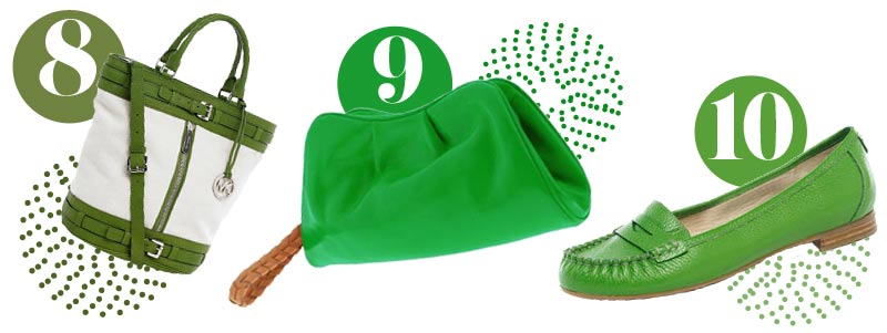 Green accessories for spring: Green tote, green clutch, green loafers