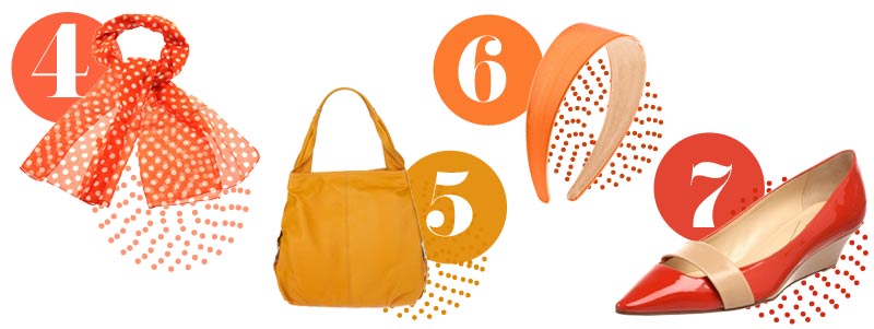 Orange accessories for spring: orange scarf, orange handbag, orange headband