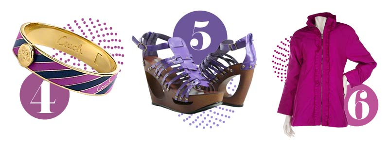 Purple accessories for spring: Purple bracelet, purple wedge shoes, purple jacket