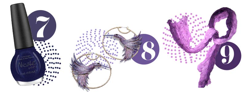 Purple accessories for spring: Purple nail polish, purple earringts, purple scarf