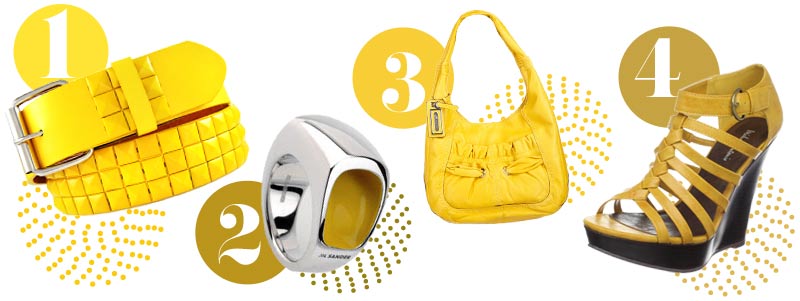 Yellow accessories for spring: yellow belt, yellow ring, yellow purse, yellow shoes
