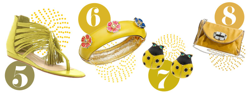 Yellow accessories for spring: Yelow sandals, yellow bracelet, yellow earrings, yellow clutch