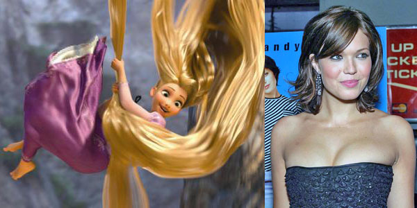 Mandy Moore with her brunette hairstyle and Tangled's Rapunzel with her