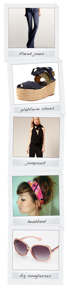 '70s fashion ideas: flared jeans, platform shoes, jumpsuits, headbands and more