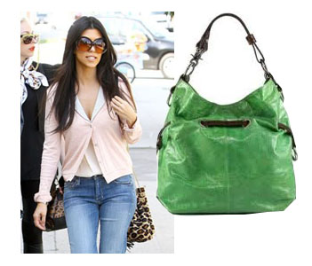 Kourtney Kardashian wearing a cute cardigan over tank top and a cute green purse for summer fashion