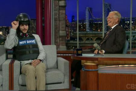 Ashton Kutcher wears protective gear visit Letterman and talks Two and a Half Men