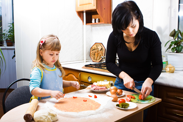 Mom and daughter making pizza