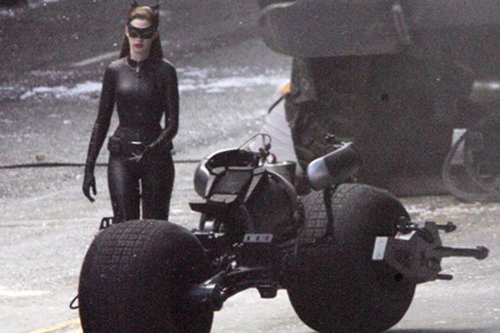 Anne Hathway Catwoman Batman costume with batpod