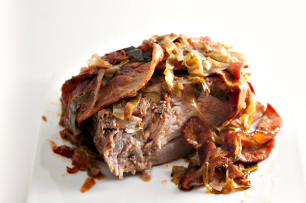 Bacon, cabbage and beer braised pork loin
