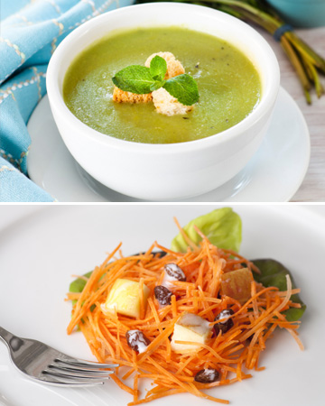 Pea soup and carrot raisin salad