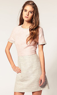 Fitted tweed two-tone dress in pale pink and gray ($99)