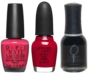Pink, red, and black nail polish