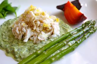 Chilled lobster salad with steamed asparagus