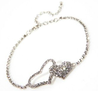 Rhinestone double-heart anklet