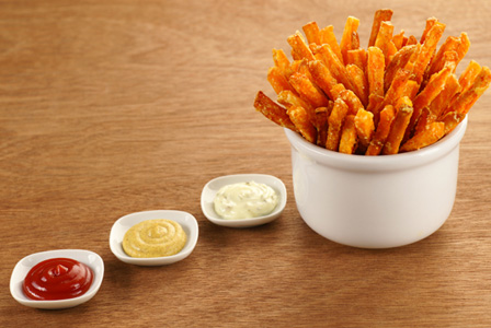 Homemade condiments and sweet potato fries