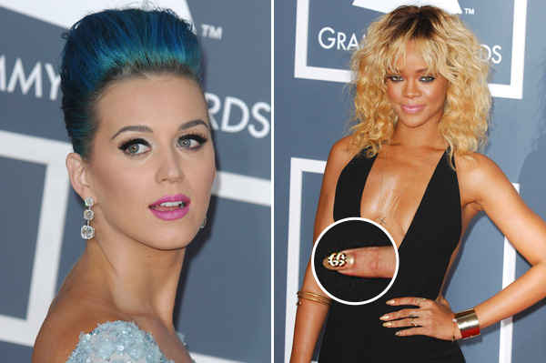 Katy Perrys faux lashes and Rihanna's manicure