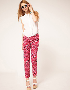 ASOS Cropped Pants In Pink Floral Rose Print