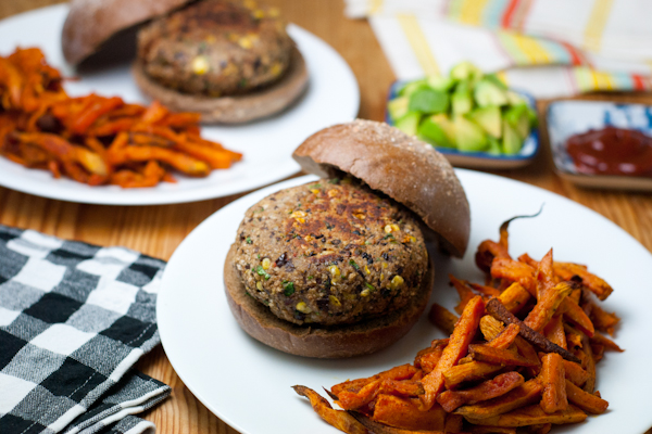 Black bean burgers with sweet potato fries recipe