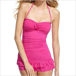 Pictured: Kenneth Cole Reaction Swimsuit, Bandeau Ruffle Tummy Control Swim dress in Pinkberry, $100 at Macy’s