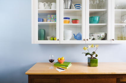 kitchen with glass front cabinets