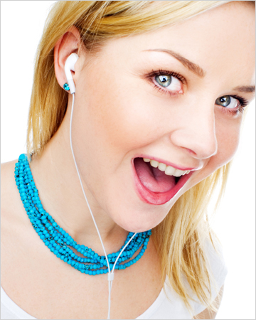 Woman listening to podcast