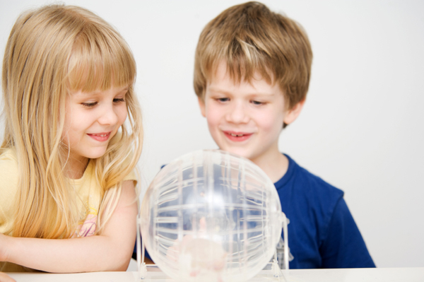 Kids playing with hamster in exercise ball