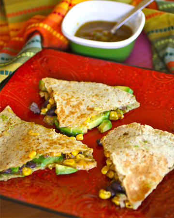 Roasted corn, black bean and avocado quesadillas