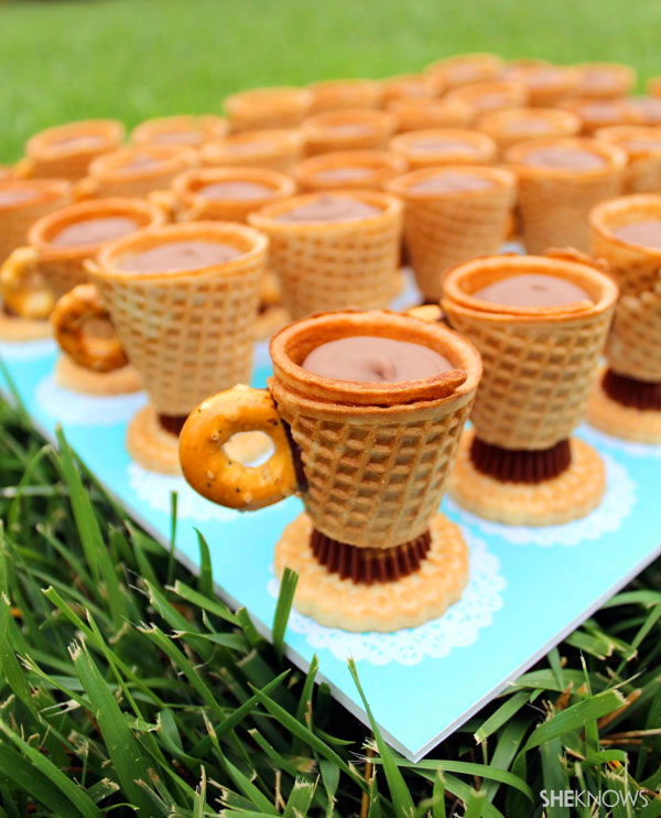 /></p> <p>Ingredients:</p> <ul> <li>Vanilla sandwich cookie wafers</li> <li>Reese's Miniature Peanut Butter Cups</li> <li>Ice cream sugar cones (top 1-1/2 inch)</li> <li>Circle pretzels (found in Chex Mix Sweet 'n Salty Honey Nut mix)</li> <li>Chocolate frosting (chocolate pudding, chocolate ganache, etc.)</li> <li>Chocolate or vanilla candy melts</li> </ul> <p><img src=