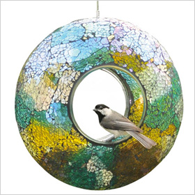 Circular Iridescent Crushed Glass Mosaic Bird Feeder 