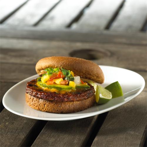 Carla Hall’s black bean burger with peach pico de gallo
