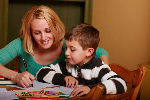 mom and son coloring together