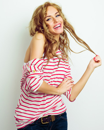 Woman wearing red and white shirt