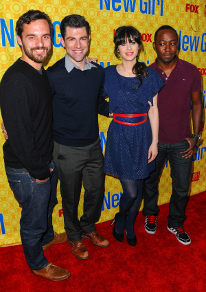 Zooey Deschanel with New Girl costars Jake Johnson, Max Greenfield, and Lamorne Morris