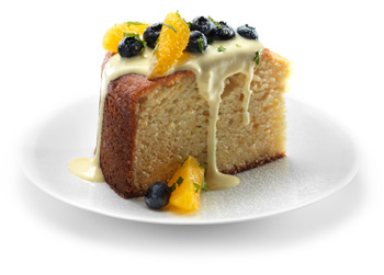 Orange Cornmeal Cake with Orange Custard Sauce and Orange-Blueberry Salad