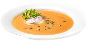 Creamy Pumpkin Soup with Cinnamon Crèma and Roasted Pumpkin Seeds