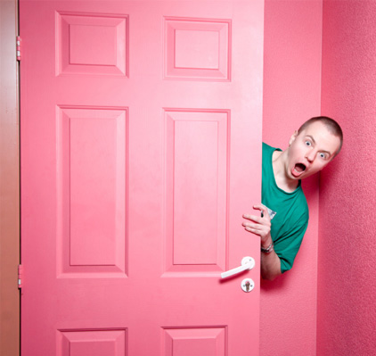 man in pink room