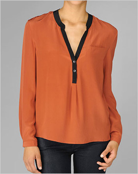 black tipped silk blouse in burnt orange