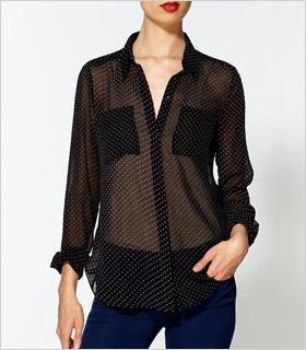 sheer black and white polka dot blouse